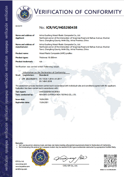 China AnHui Guofeng Wood-Plastic Composite Co., Ltd certificaten