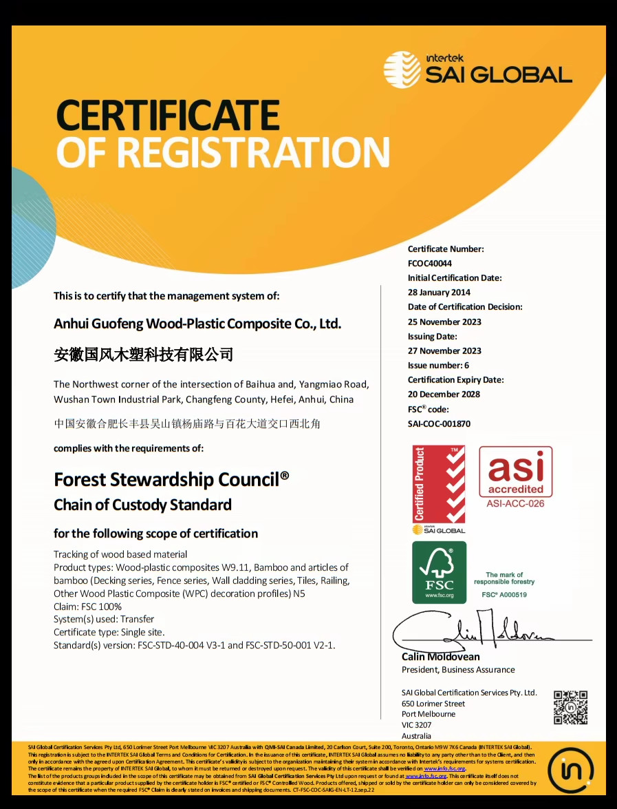 China AnHui Guofeng Wood-Plastic Composite Co., Ltd Certificaten